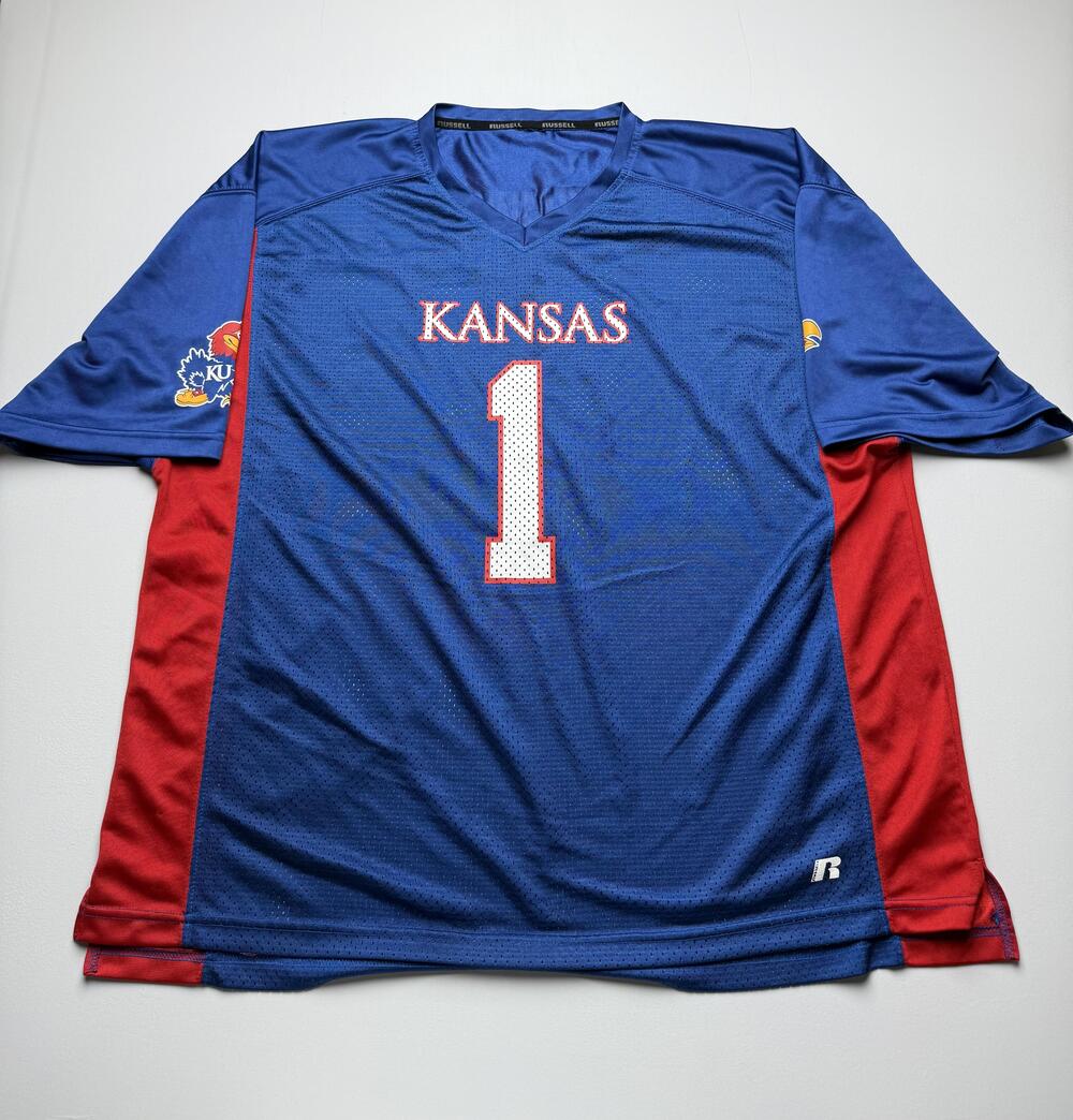 Kansas Jayhawks Jersey Mens Blue NCAA Football Russell Athletic Mesh #1 BIG READ
